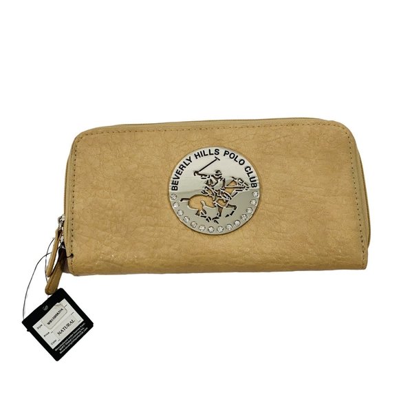 Beverly Hills Polo Club Wallet Stanford Zip Large Metal Medallion Logo Sand READ - Picture 1 of 9